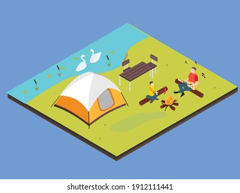 Father and son camping isometric 3d vector concept for banner, website, illustration, landing page, flyer, etc.