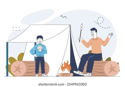 Pai e filho acampando. Homem com marshmallow e menino com bola sentado perto de tenda e fogueira. Caminhadas e acampamentos, estilo de vida ativo. Ilustração de vetor linear isolada no plano de fundo branco