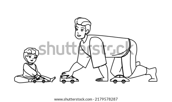 father son car vector. home play toy, adult\
dad, home drive, floor joy father son car character. people black\
line pencil drawing vector\
illustration