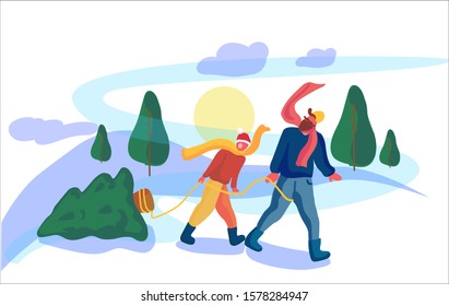 Father and son carrying home Christmas tree. stock illustration
