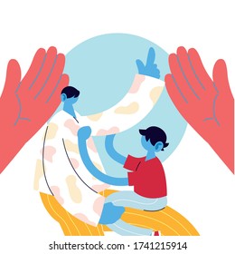 Father and son cartoon between hands design, Family relationship and generation theme Vector illustration
