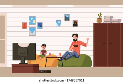Father and son cartoon characters enjoying joint vacant time at home and playing games on video gaming console on TV together, flat vector illustration.