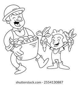 Father and son cartoon characters harvesting potatoes and carrots at field. Best for outline, logo, and coloring book with farm themes for kids