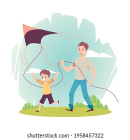 Father and son cartoon characters launching an air kite together, flat vector illustration isolated on white background. Family bonding activity and summer fun.