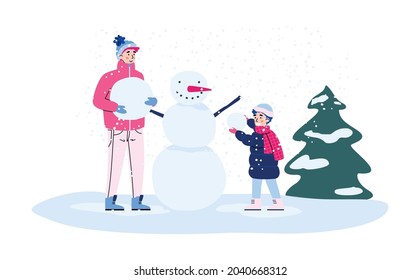 Father and son cartoon characters making snowman together. Family winter seasonal outdoor activities, cartoon vector illustration isolated on white background.