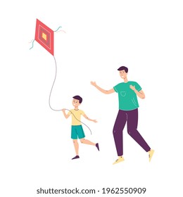Father and son cartoon characters playing together and launching a kite. Happy parenthood and childhood concept, flat vector illustration isolated on white background.