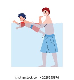 Father and son cartoon characters in the swimming pool, flat vector illustration. Young loving dad teaches child to swim and taking parental care of him.