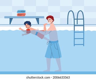 Father and son cartoon characters together in the swimming pool, flat vector illustration. Responsible dad takes care of his family and teaches his son to swim.