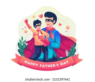 Father and son celebrate Father's Day with both dressed in superhero costumes. The father happily carried his son. Flat style vector illustration