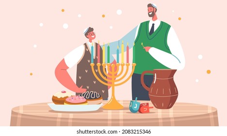 Father with Son Celebrating Hanukkah Israel Holiday, Jewish Festival of Lights. Dad Lighting Candles on Traditional Menorah. Boy in Kippah and Sufganiyah Doughnut. Cartoon People Vector Illustration