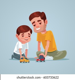 Father and son character play toy. Vector flat cartoon illustration