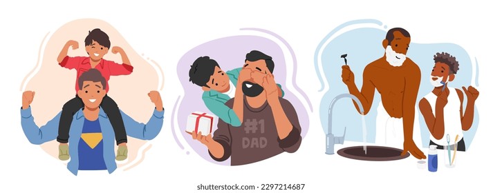 Father And Son Characters Bonding, Laughing, Sharing Stories, Teaching And Learning, Enjoying Each Other's Company, Building A Strong And Loving Relationship. Cartoon People Vector Illustration