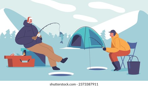 Father And Son Characters Bonding On A Serene Winter Fishing Trip. People Enjoying Frozen Lake, Cozy Moments