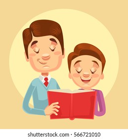 Father and son characters reading. Vector flat cartoon illustration