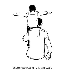 Father and son cheerful having fun together, hand drawn line drawing character vector illustration