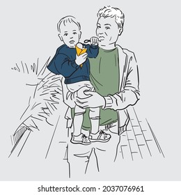 Father with son. The child eats ice cream in dad's arms. Vector silhouettes. Father on a walk with a child