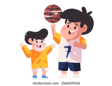 father and son children kids play basketball sport activities with family fun healthy modern cartoon flat color isolated background vector illustration