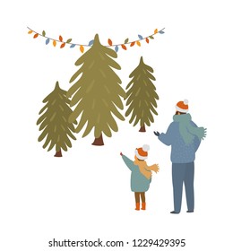 father and son choosing Christmas tree at  market place cartoon vector illustration scene