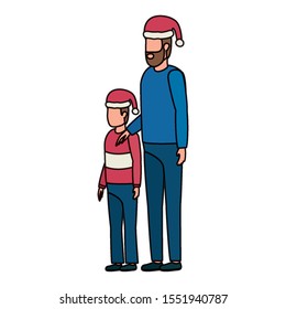 father and son with christmas hats characters vector illustration design
