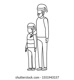 father and son with christmas hats characters vector illustration design