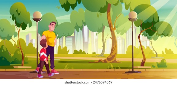 Father and son in city park garden cartoon landscape. Kid walk with parent in cityscape and nature scene. Boy and dad talk in outdoor summer forest trip illustration. Day street horizon in town