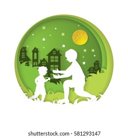Father and son in city parks. Paper art vector