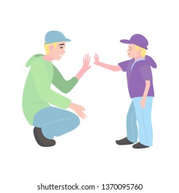 father and son clap their hands. A man with a little boy. Flat vector illustration.