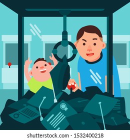 father and son in the claw machine. father choosing education for son. claw machine. editable vector and color - vector
