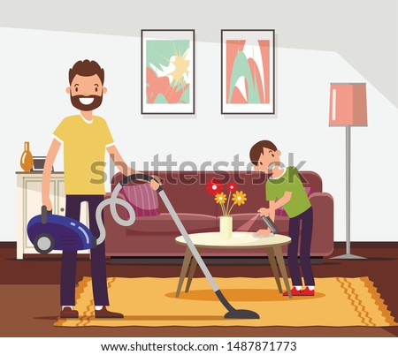 Father and Son Cleaning House Flat Cartoon Vector Illustration. Parent and Child Vacuuming Carpet and Wiping Dust from Furniture in Apartment. Son Polishes Table. Living Room Interior.