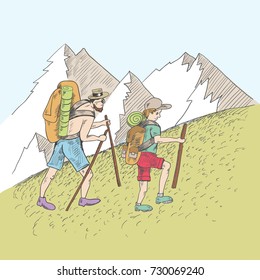 Father and son climb the hill. Two people go camping on the green grass. In the distance you can see mountains with snow. Sketch style. Vector illustration