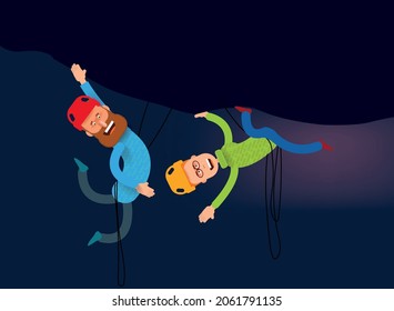 Father and son are climbing in helmets. Vector banner