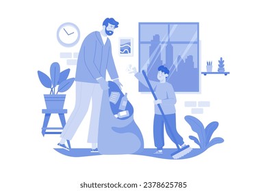 Father And Son Are Collecting Garbage At Home