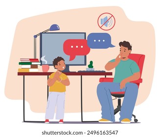 Father And Son Communicating Using Sign Language at Home. Dad Seated At A Desk And The Boy Standing Nearby. Cartoon Vector Scene Highlights Family Support And The Use Of Sign Language In Everyday Life