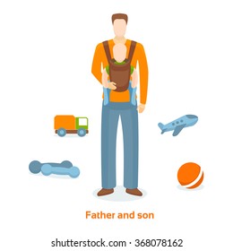 Father and son concept. Father carries the child in a sling. Vector illustration.