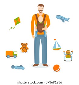 Father and son concept. Father carries the child in a sling. Vector illustration.