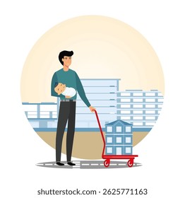 Father with son concept. A father holding his baby while pushing a cart with a house model in front of urban buildings.