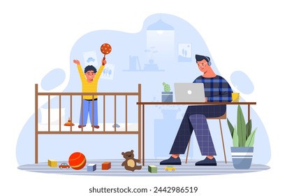 Father with son concept. Man with laptop near kid at bedroom. Parenthood and childhood. Freelancer and remote worker at home. Cartoon flat vector illustration isolated on white background