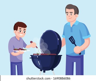 Father and son cooking barbecue together flat RGB color vector illustration. Male parent and child with cauldron, smiling family members and grill isolated cartoon characters on blue background