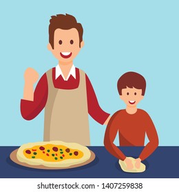 Father And Son Cooking Dinner Vector Illustration. Dad And Child Making Lunch For Mother. Parent With Kid Flat Characters Baking Pastry Together. Cartoon Boy Kneading Dough. Man Showing Winner Gesture