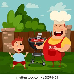 Father and son are cooking a grill steak on a barbecue in the backyard. Vector cartoon illustration of happy dad and baby spend time together.