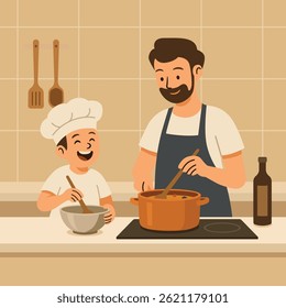 Pai e filho cozinhando na cozinha