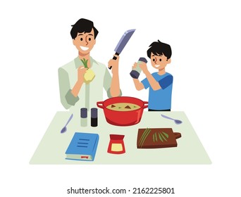 Father and son cooking on stove in kitchen together, flat cartoon vector illustration isolated on white background. Family cooking soup in kitchen pot or saucepan.