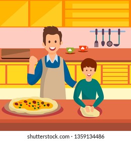 Father and Son Cooking Pizza Vector Illustration. Parent Teaching Child to Knead Dough. Cooked Homemade Pastry. Dad and Kid Flat Characters Preparing Dinner in Kitchen. Tasty Meal on Plate