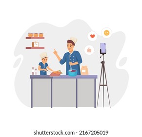 Father and son cooking together in the kitchen. Chef or food blogger telling how to cook dish and boy helping him to cut vegetables. Cooking class video tutorial, vlogger creating content flat vector