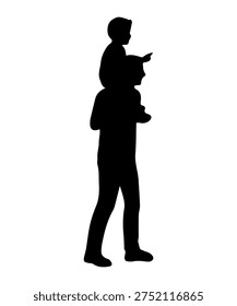Father and son create a silhouette while walking with child riding on shoulders