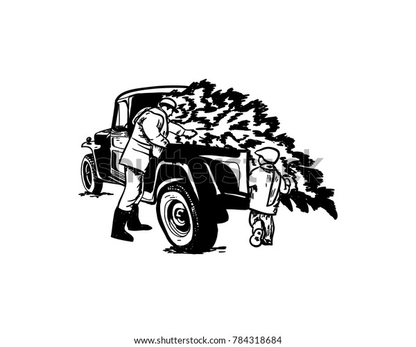 Father and Son Cuting Pine Tree and Taken\
to the Truck - Tree Farm Logo Symbol\
Vector