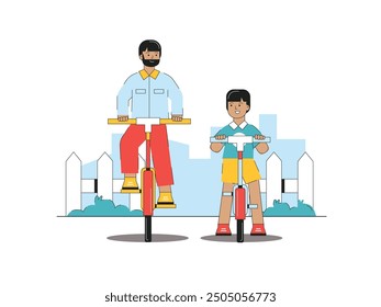 Padre e hijo montando en bicicleta juntos en el patio, actividad de crianza. Diseño de personajes. Ilustración vectorial plana