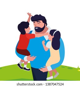 father with son and daughter characters in the field