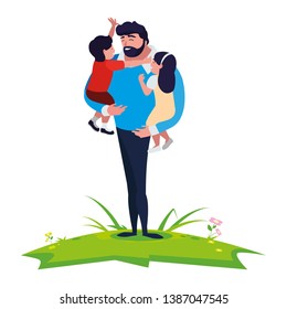 father with son and daughter characters in the field