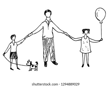 Father, son, daughter and dog for a walk. Hand drawn illustration.

